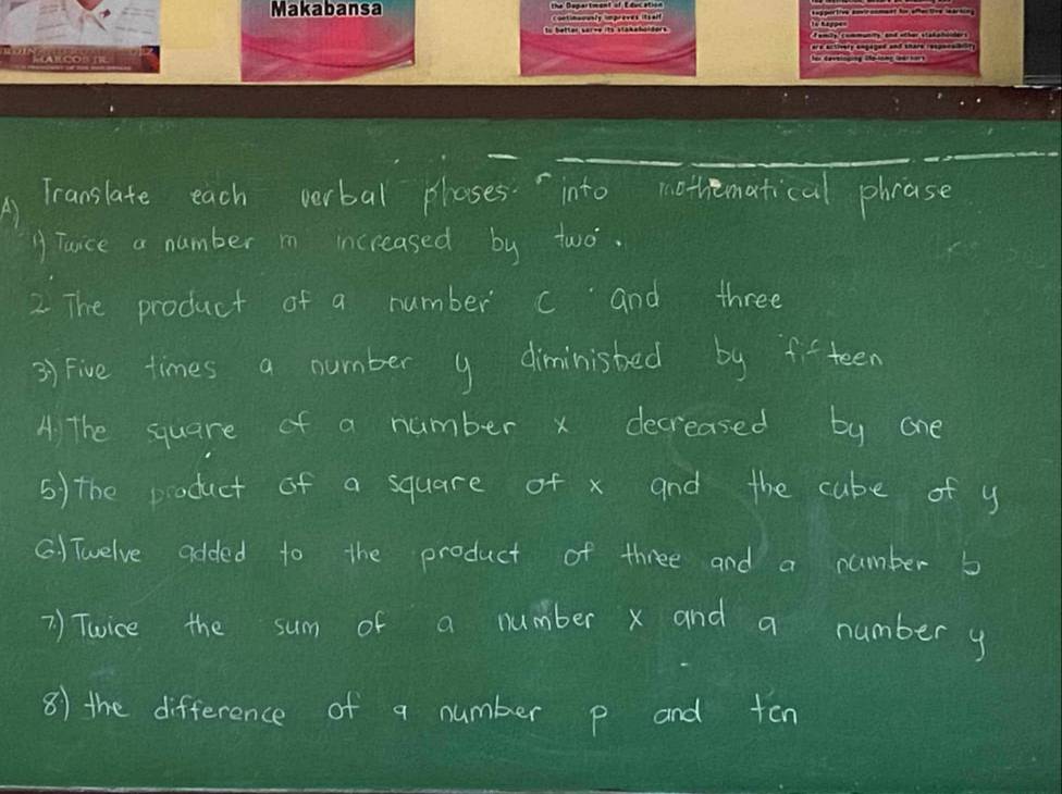 Translate each verbal ploses into nothematical phrase 
9 Tuice a number m increased by two. 
2 The product of a number c and three 
3) Five times a number diministed by ffteen 
A) The square of a number x decreased by one 
5) the product of a square of x and the cube of y
Q.) Twelve added to the product of three and a number b
7 ) Twice the sum of a number x and a number y
8) the difference of a number p and ten