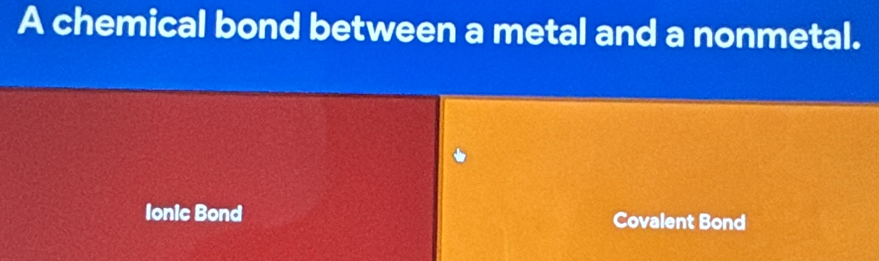 A chemical bond between a metal and a nonmetal.
Ionic Bond Covalent Bond