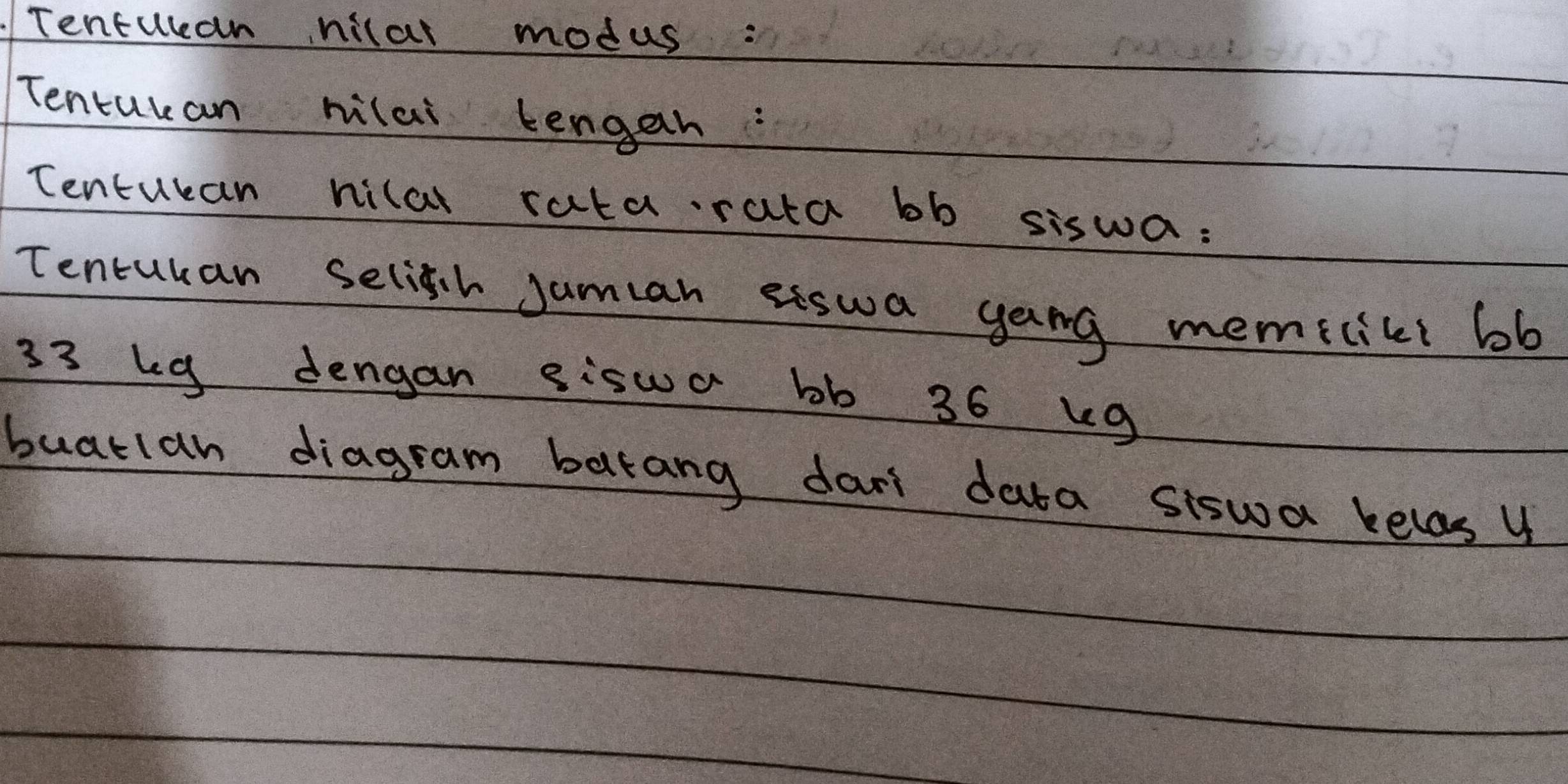 Tentuean nilar modus: 
Tenturan hilai tengan: 
Tentucan hilal rata rata bb siswa: 
Tentuban selih juman eiswa yang memicici 6b
33 bg dengan sisua bb 36 kg
buatlan diagram batang dant data siswa kelas y