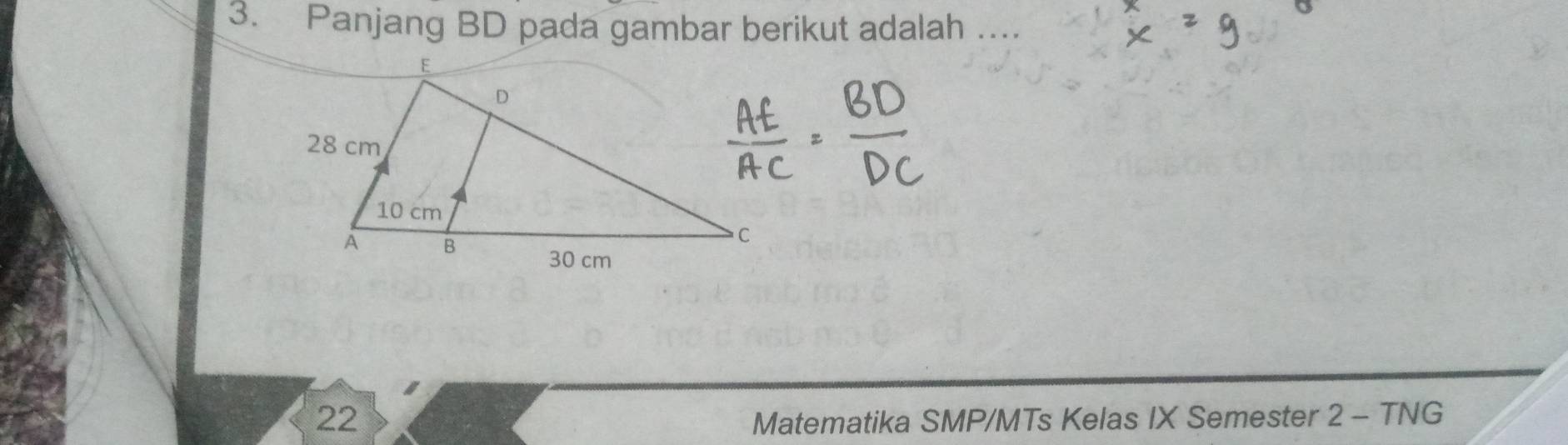 Panjang BD pada gambar berikut adalah .... 
22 Matematika SMP/MTs Kelas IX Semester 2 - TNG