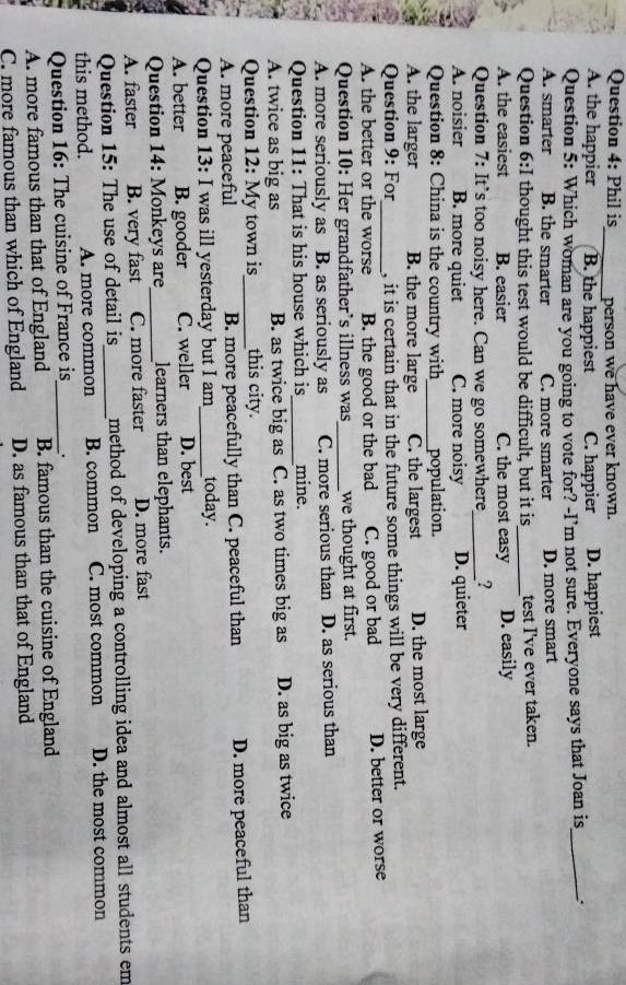 Phil is_ person we have ever known.
A. the happier B. the happiest C. happier D. happiest
Question 5: Which woman are you going to vote for? -I’m not sure. Everyone says that Joan is_ .
A. smarter B. the smarter C. more smarter D. more smart
Question 6:I thought this test would be difficult, but it is_ test I've ever taken.
A. the easiest B. easier C. the most easy D. easily
Question 7: It’s too noisy here. Can we go somewhere_ ?
A. noisier B. more quiet C. more noisy D. quieter
Question 8: China is the country with_ population.
A. the larger B. the more large C. the largest D. the most large
Question 9: For_ , it is certain that in the future some things will be very different.
A. the better or the worse B. the good or the bad C. good or bad D. better or worse
Question 10: Her grandfather’s illness was_ we thought at first.
A. more seriously as B. as seriously as C. more serious than D. as serious than
Question 11: That is his house which is_ mine.
A. twice as big as B. as twice big as C. as two times big as D. as big as twice
Question 12: My town is this city.
A. more peaceful _B. more peacefully than C. peaceful than D. more peaceful than
Question 13: I was ill yesterday but I am_ today.
A. better B. gooder C. weller D. best
Question 14: Monkeys are_ learners than elephants.
A. faster B. very fast C. more faster D. more fast
Question 15: The use of detail is_ method of developing a controlling idea and almost all students em
this method. A. more common B. common C. most common D. the most common
Question 16: The cuisine of France is_ .
A. more famous than that of England B. famous than the cuisine of England
C. more famous than which of England D. as famous than that of England