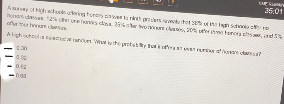 TIME REMAIN
35:0 1
A survey of high schools offering honors classes to ninth graders reveals that 38% of the high schools offer no
honors classes, 12% offer one honors class, 25% offer two honors classes, 20% offer three honors classes, and 5% offer four honors classes.
A high school is selected at random. What is the probability that it offers an even number of honors classes?
0.30
0.32
0.62
0.68