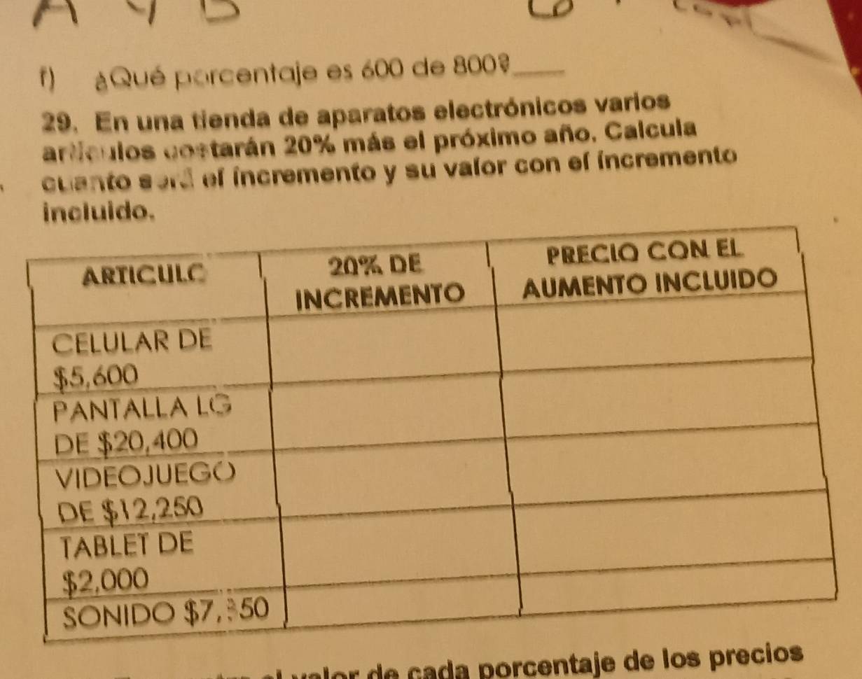 ¿Qué porcentaje es 600 de 800 _ 
29. En una tienda de aparatos electrónicos varios 
artículos costarán 20% más el próximo año. Calcula 
cuento serd el incremento y su valor con el incremento 
incluido. 
or de çada porcentaje de los prec