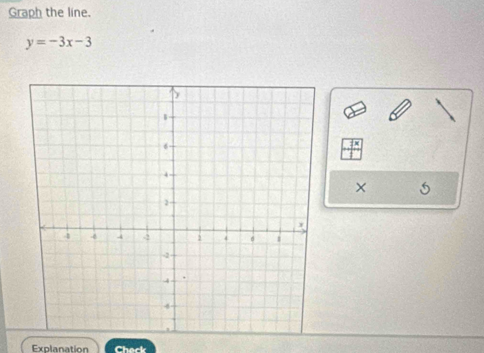 Graph the line.
y=-3x-3
2×
×
5
Explanation Check