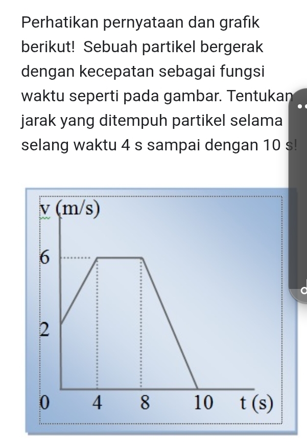 Perhatikan pernyataan dan grafık
berikut! Sebuah partikel bergerak
dengan kecepatan sebagai fungsi
waktu seperti pada gambar. Tentukan
jarak yang ditempuh partikel selama
selang waktu 4 s sampai dengan 10 s!