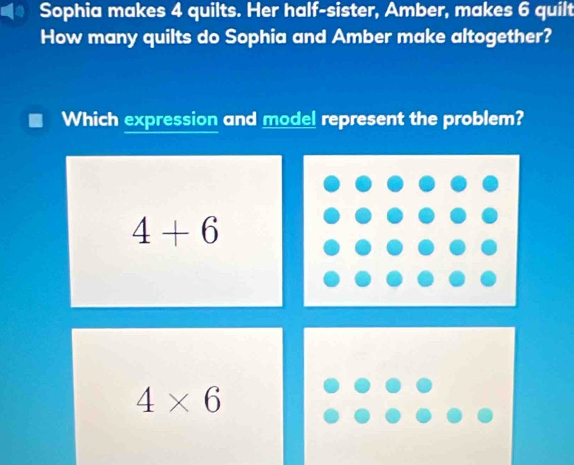 Sophia makes 4 quilts. Her half-sister, Amber, makes 6 quilt
How many quilts do Sophia and Amber make altogether?
Which expression and model represent the problem?
4+6
4* 6