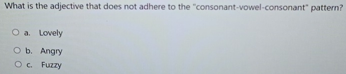 What is the adjective that does not adhere to the "consonant-vowel-consonant" pattern?
a. Lovely
b. Angry
c. Fuzzy