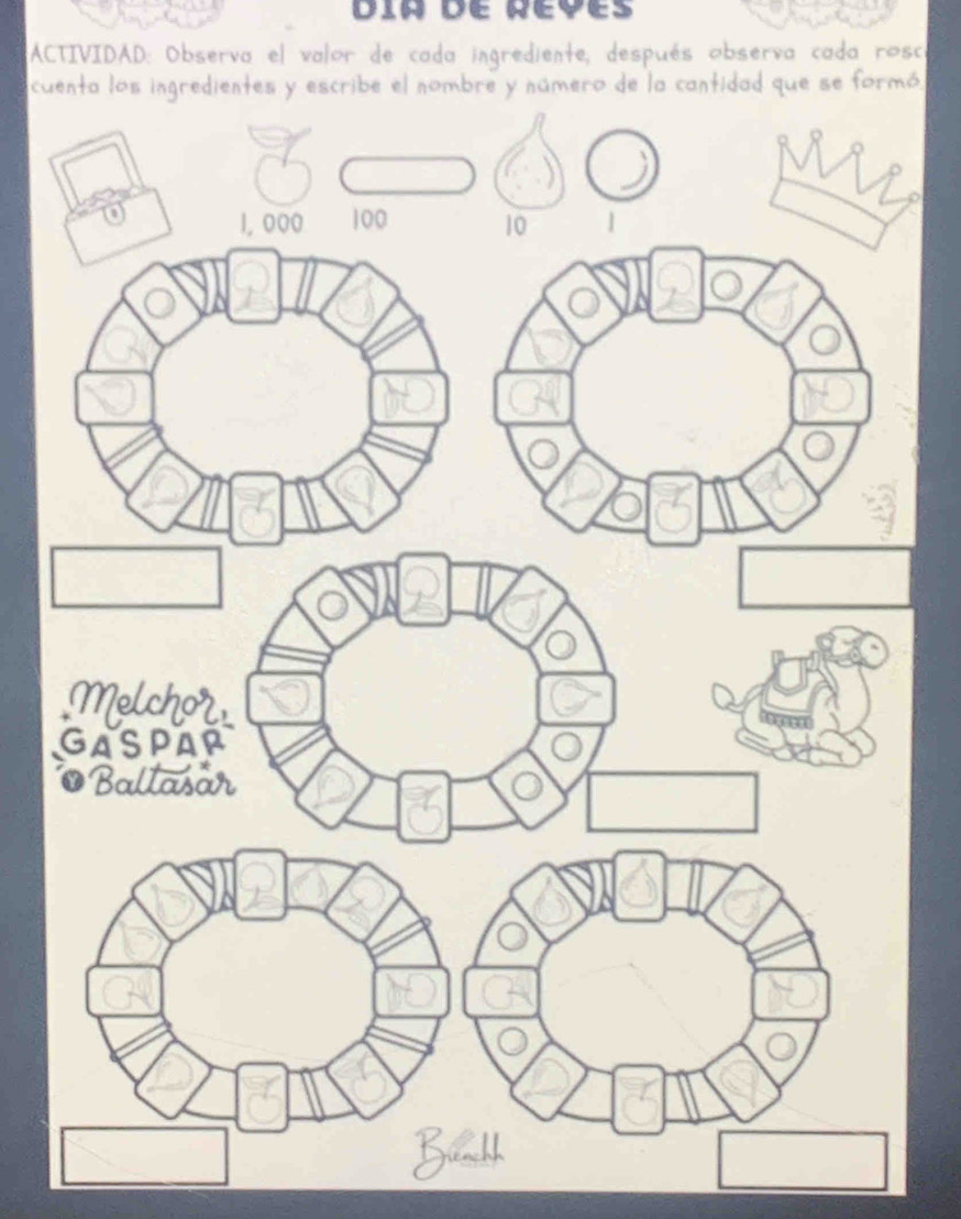 dia de reves 
ACTIVIDAD: Observa el valor de cada ingrediente, después observa cada rosco 
cueformó