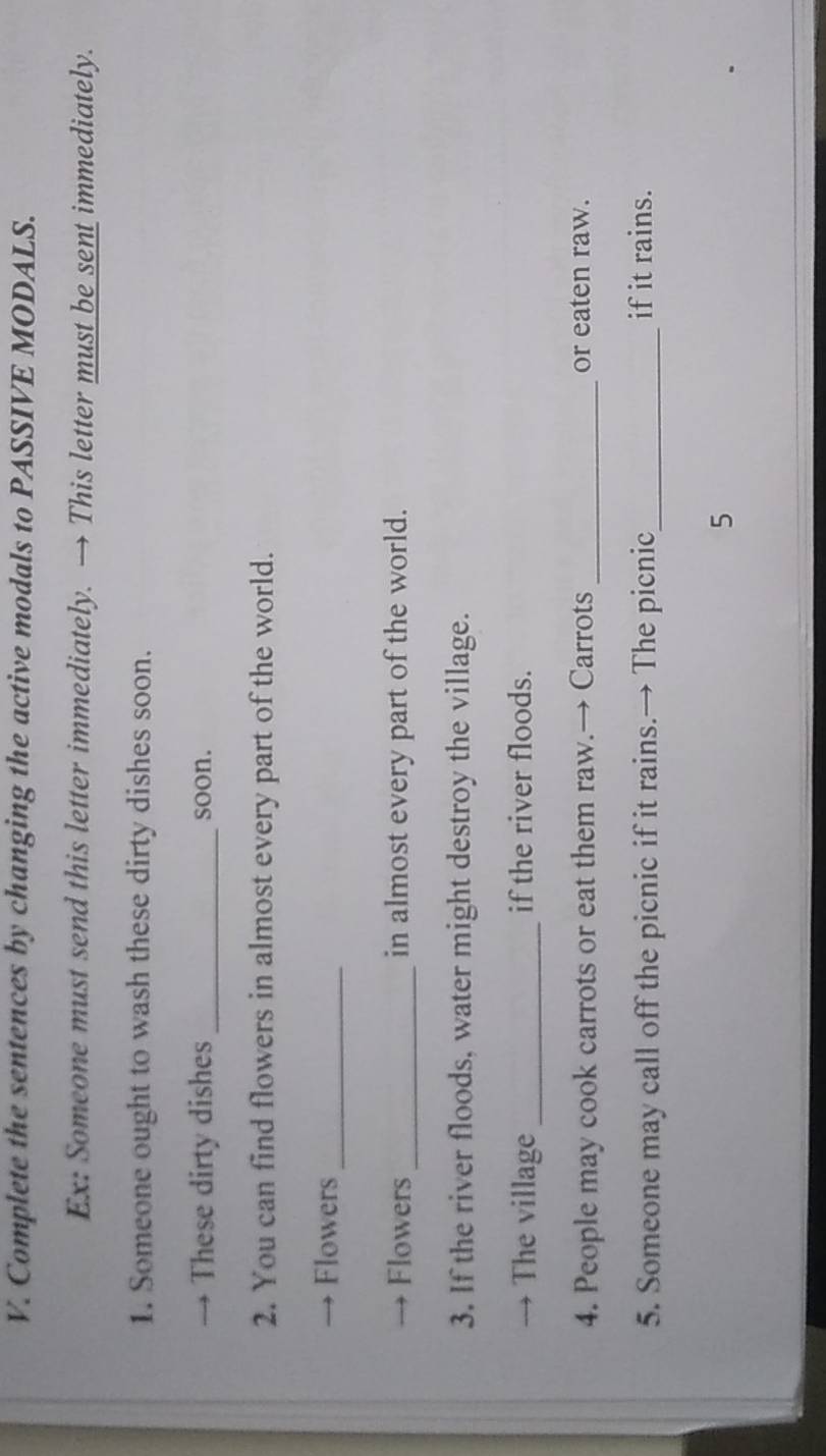 Complete the sentences by changing the active modals to PASSIVE MODALS. 
Ex: Someone must send this letter immediately. → This letter must be sent immediately. 
1. Someone ought to wash these dirty dishes soon. 
→ These dirty dishes _soon. 
2. You can find flowers in almost every part of the world. 
Flowers_ 
_ 
Flowers in almost every part of the world. 
3. If the river floods, water might destroy the village. 
The village _if the river floods. 
4. People may cook carrots or eat them raw.→ Carrots _or eaten raw. 
5. Someone may call off the picnic if it rains.→ The picnic_ if it rains. 
5