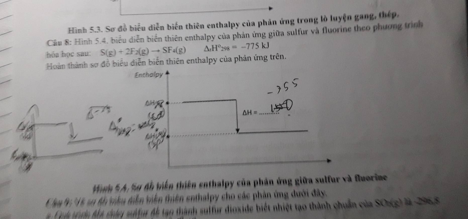 Hình 5.3. Sơ đồ biểu diễn biến thiên enthalpy của phản ứng trong lò luyện gang, thép, 
Câu 8: Hình 5.4. biểu diễn biển thiên enthalpy của phản ứng giữa sulfur và fluorine theo phương trình 
hóa học sau: S(g)+2F_2(g)to SF_4(g) △ _rH°_298=-775kJ
Hoàn thành sơ đồ biểu diễn biển thiên enthalpy của phản ứng trên. 
Enthalpy 
_ △ H=
Hình 5 A. Su đồ tiền thiên enthalpy của phân ứng giữa sulfur và fluoriae 
Cầu 9: 6 sự áh viêu điễn viên thiên enthalpy cho các phản ứng dưới đây 
Cuk trưi M4 đoley suifur đễ tạo thành sulfur dioxide biết nhiệt tạo thành chuẩn của SOz(g) là -296, 8