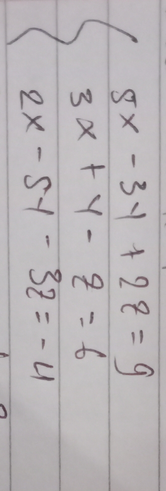 beginarrayl 5x-3y+2z=9 3x+y-z=6 2x-5y-3z=-4endarray.