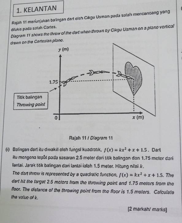 KELANTAN
Rajah 11 menunjukan balingan dart o'ch Cikgu Usman pada salah mencancang yang
dilukis pada satah Cartes.
Diagram 11 shows the throw of the dart when thrown by Cikgu Usman on a plane vertical
ano.
Rajah 11 / Diagram 11
(i) Balingan dart itu diwakill oleh fungsl kuadratık. f(x)=kx^2+x+1.5. Darl
ilu mengena tepåt pada sasaran 2.5 moter dari titik balingan dan 1.75 meter dari
Iantai. Jarak titik balingan dari lantai ialah 1.5 meter. Hitung nilai k.
The dart throw is represented by a quadratic function. f(x)=kx^2+x+1.5. The
dart hit the target 2.5 meters from the throwing point and 1.75 meters from the
floor. The distance of the throwing point from the floor is 1.5 meters. Calculate
the value of k.
[2 markah! marks]