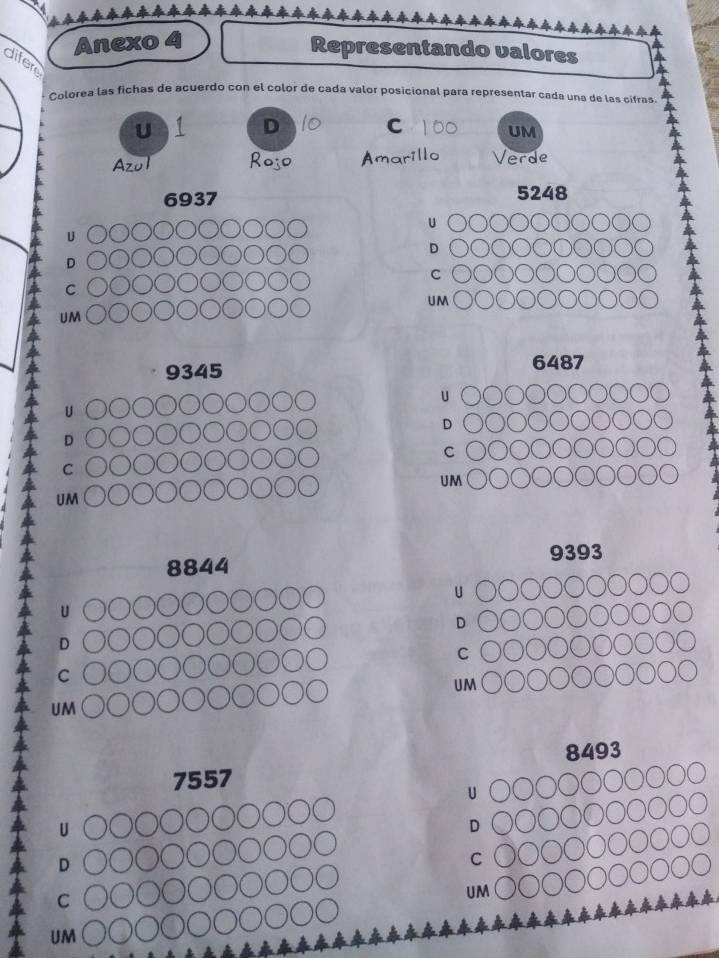 Anexo 
Representando valores 
difere 
Colorea las fichas de acuerdo con el color de cada valor posicional para representar cada una de las cifras. 
U 
D 
C UM 
illo Verde
6937 5248
9345
6487
8844 9393
8493
7557
U 
D 
D 
C 
C 
UM 
UM