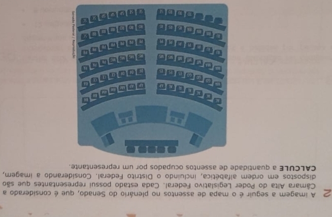 A imagem a seguir é o mapa de assentos no plenário do Senado, que é considerado a 
Câmara Alta do Poder Legislativo Federal. Cada estado possui representantes que são 
dispostos em ordem alfabética, incluindo o Distrito Federal. Considerando a imagem, 
CALCULE a quantidade de assentos ocupados por um representante. 
AP 
CF 
α 
oF 
MG 
PP 
PR 
ounnen PE
80
mimins u olols 1a1x