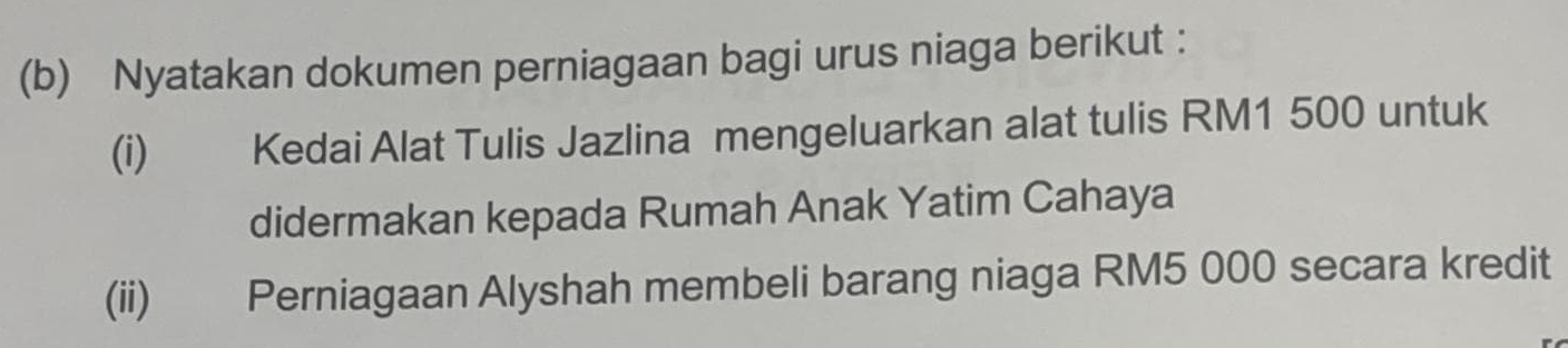 Nyatakan dokumen perniagaan bagi urus niaga berikut : 
(i) Kedai Alat Tulis Jazlina mengeluarkan alat tulis RM1 500 untuk 
didermakan kepada Rumah Anak Yatim Cahaya 
(ii) Perniagaan Alyshah membeli barang niaga RM5 000 secara kredit