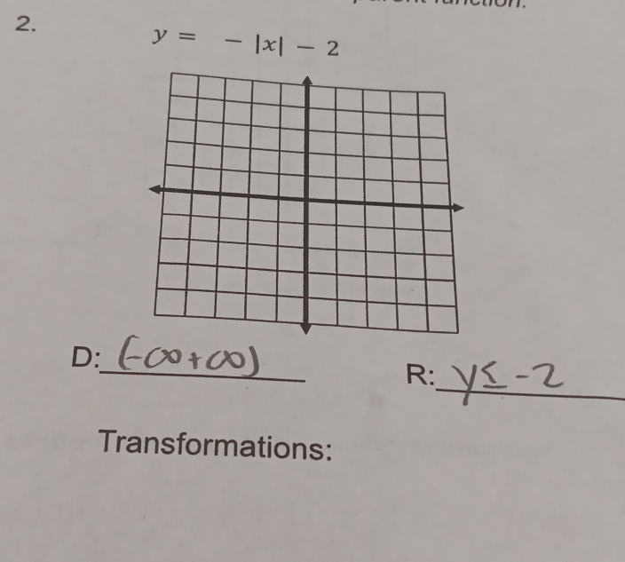 y=-|x|-2
_ 
D: 
_ 
R: 
Transformations: