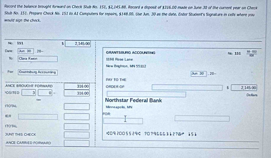 Solved: Record the balance brought forward on Check Stub No. 151 ...