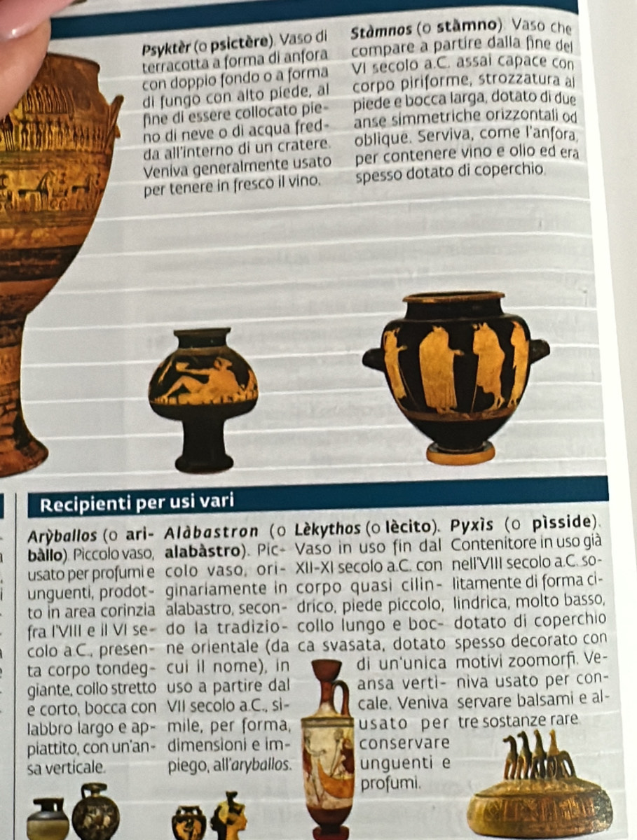 Psyktèr (o psictère). Vaso di  Stámnos (o stâmno)  Vaso che
terracotta a forma di anfora compare a partire dalla fine del
con doppio fondo o a forma VI secolo a.C. assai capace con
di fungo con alto píede, al corpo piriforme, strozzatura a
fne di essère collocato pie= piede e bocca larga, dotato di due
no di neve o di acqua fred- anse simmetriche orizzontali od
da all'interno di un cratere. oblique. Serviva, come l'anfora.
Veníva generalmente usato per contenere vino e olio ed era
per tenere in fresco il vino. spesso dotato di coperchio
Recipienti per usi vari
Aryballos (○ ari- Alábastron (○ Lékythos (o lécito). Pyxís (○ písside).
ballo). Piccolo vaso, alabàstro). Pic- Vaso in uso fin dal Contenitore in uso già
usato per profumi e colo vaso, or i- XII-XI secolo a.C. con nelI'VIII secolo a.C. so-
unguenti, prodot- ginariamente in corpo quasi cilin- litamente di forma ci-
to in area corinzia alabastro, secon- drico, piede piccolo, lindrica, molto basso,
fra I'VIII e II VI se- do la tradizio- collo lungo e boc- dotato di coperchio
colo a C., presen- ne orientale (da ca svasata, dotato spesso decorato con
ta corpo tondeg- cui il nome), in di un'unica motivi zoomorfi. Ve-
giante, collo stretto uso a partire dal ansa verti- niva usato per con-
e corto, bocca con VII secolo a.C., si- cale. Veniva servare balsami e al-
labbro largo e ap- mile, per forma, us at o p e r tre sostanze rare 
piattito, con un'an- dimensioni e im- conservare
sa verticale. piego, all'aryballos. unguenti e
profumi.