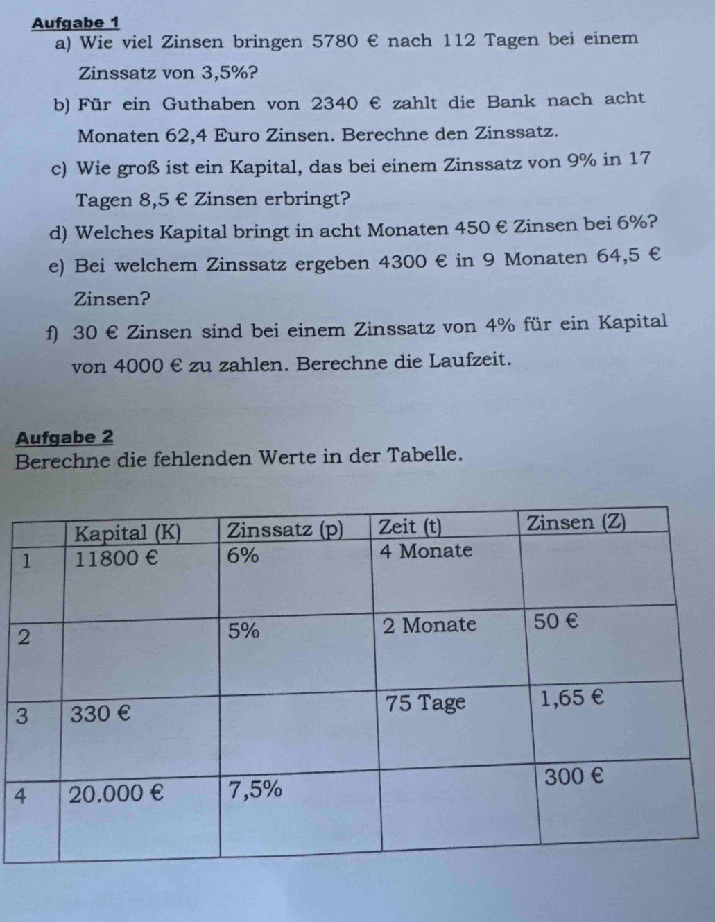 Aufgabe 1 
a) Wie viel Zinsen bringen 5780 € nach 112 Tagen bei einem 
Zinssatz von 3,5%? 
b) Für ein Guthaben von 2340 € zahlt die Bank nach acht 
Monaten 62,4 Euro Zinsen. Berechne den Zinssatz. 
c) Wie groß ist ein Kapital, das bei einem Zinssatz von 9% in 17
Tagen 8,5 € Zinsen erbringt? 
d) Welches Kapital bringt in acht Monaten 450 € Zinsen bei 6%? 
e) Bei welchem Zinssatz ergeben 4300 € in 9 Monaten 64,5 €
Zinsen? 
f) 30 € Zinsen sind bei einem Zinssatz von 4% für ein Kapital 
von 4000 € zu zahlen. Berechne die Laufzeit. 
Aufgabe 2 
Berechne die fehlenden Werte in der Tabelle. 
3 
4