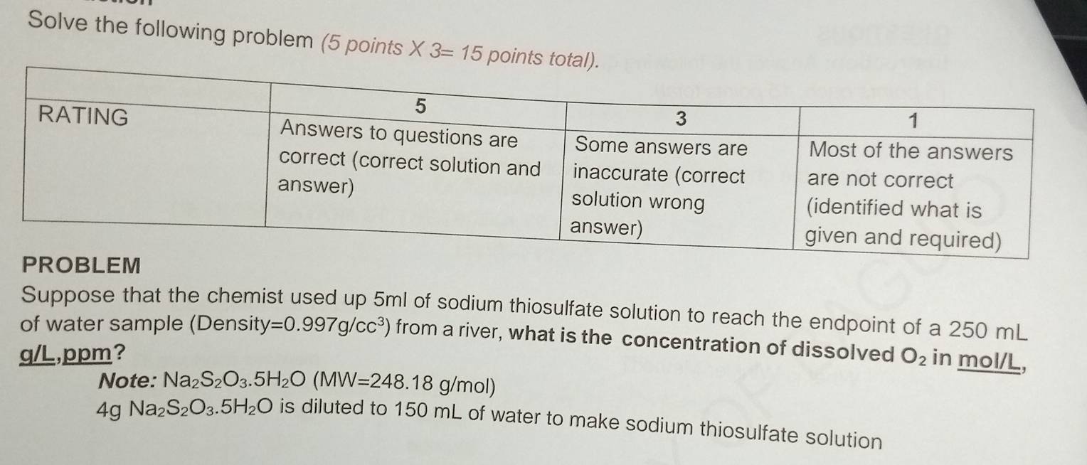 Solve the following problem (5 points * 3=15 points t 
Suppose that the chemist used up 5ml of sodium thiosulfate solution to reach the endpoint of a 250 mL
of water sample (Densit) y=0.997g/cc^3) from a river, what is the concentration of dissolved
q/L, ppm? O_2 in mol/L, 
Note: Na_2S_2O_3.5H_2O(MW=248.18g/mol)
4gNa_2S_2O_3.5H_2O is diluted to 150 mL of water to make sodium thiosulfate solution