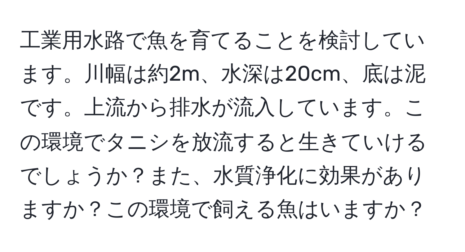 工業用水路で魚を育てることを検討しています。川幅は約2m、水深は20cm、底は泥です。上流から排水が流入しています。この環境でタニシを放流すると生きていけるでしょうか？また、水質浄化に効果がありますか？この環境で飼える魚はいますか？