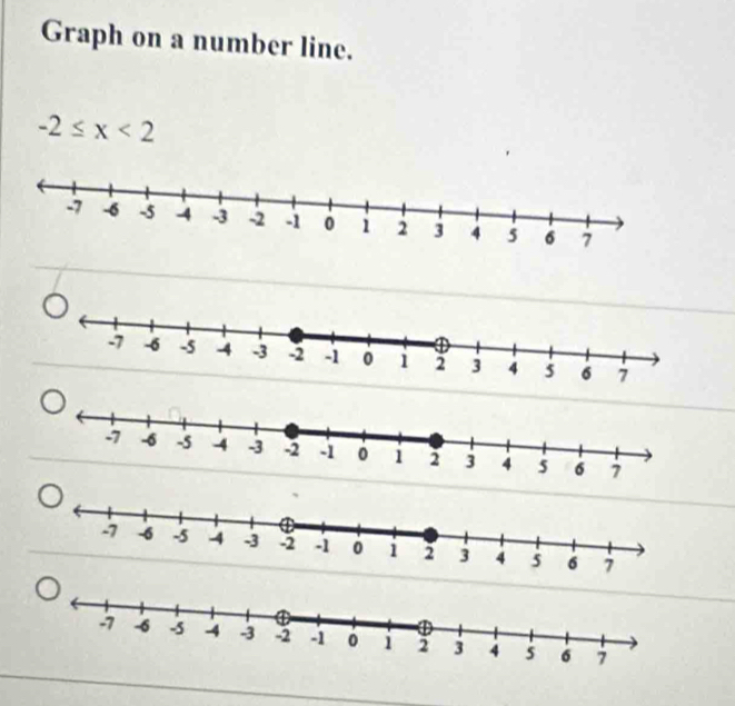 Graph on a number line.
-2≤ x<2</tex>