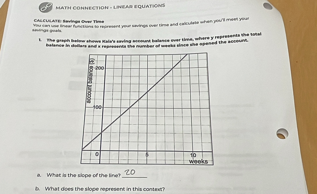 MATH CONNECTION - LINEAR EQUATIONS 
CALCULATE: Savings Over Time 
You can use linear functions to represent your savings over time and calculate when you'll meet your 
savings goals. 
1. The graph below shows Kaia's saving account balance over time, where y represents the total 
balance in dollars and x represents the number of weeks since she opened the account. 
a. What is the slope of the line?_ 
b. What does the slope represent in this context?