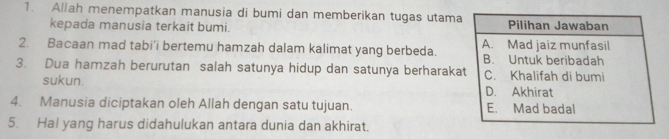 Allah menempatkan manusia di bumi dan memberikan tugas utama 
kepada manusia terkait bumi. 
2. Bacaan mad tabi’i bertemu hamzah dalam kalimat yang berbeda. 
3. Dua hamzah berurutan salah satunya hidup dan satunya berharaka 
sukun. 
4. Manusia diciptakan oleh Allah dengan satu tujuan. 
5. Hal yang harus didahulukan antara dunia dan akhirat.