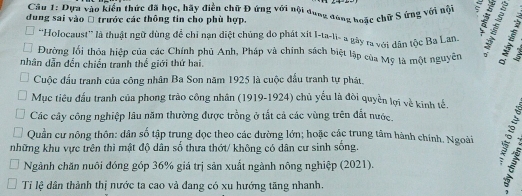 Cầu 1: Dựa vào kiến thức đã học, hãy điễn chữ Đ ứng với nội dung đong hoặc chữ S ứng với nội ς 
dung sai vào Đ trước các thông tin cho phù hợp, 
''Holocaust'' là thuật ngữ dùng để chỉ nạn diệt chủng do phát xít I-ta-li- a gây ra với dân tộc Ba Lan. 
Đường lối thỏa hiệp của các Chính phủ Anh, Pháp và chính sách biệt lập của Mỹ là một nguyên 
nhân dẫn đến chiến tranh thế giới thứ hai. 
Cuộc đấu tranh của công nhân Ba Son năm 1925 là cuộc đấu tranh tự phát. 
Mục tiêu đầu tranh của phong trào công nhân (1919-1924) chủ yểu là đòi quyền lợi về kinh tế. 
Các cây công nghiệp lâu năm thường được trồng ở tất cả các vùng trên đất nước. 
Quần cư nông thôn: dân số tập trung dọc theo các đường lớn; hoặc các trung tâm hành chính. Ngoài 
những khu vực trên thì mật độ dân số thưa thớt/ không có dân cư sinh sống. 
Ngành chăn nuôi đóng góp 36% giá trị sản xuất ngành nông nghiệp (2021). 
Tỉ lệ dân thành thị nước ta cao vả đang có xu hướng tăng nhanh.