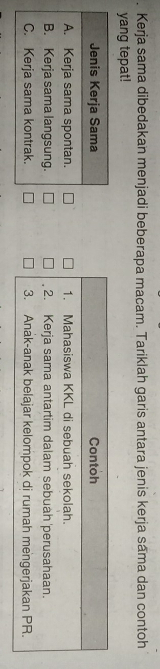 Kerja sama dibedakan menjadi beberapa macam. Tariklah garis antara jenis kerja sāma dan contoh 
yang tepat!