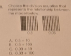 Choose the division equation that
represents the relationship betweer.
the model below .

A. 0.3+10
n. 0.3=100
C. 0.03+10
D. 0.03+100