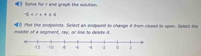 Solve for r and graph the solution.
-6
Plot the endpoints. Select an endpoint to change it from closed to open. Select the 
middle of a segment, ray, or line to delete it.