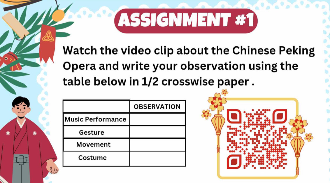 ASSIGNMENT #1 
Watch the video clip about the Chinese Peking 
Opera and write your observation using the 
table below in 1/2 crosswise paper .