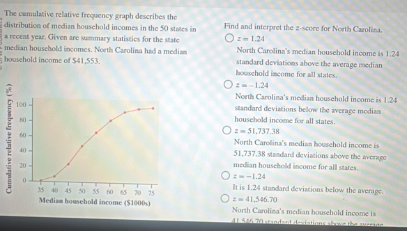 The cumulative relative frequency graph describes the
distribution of median household incomes in the 50 states in Find and interpret the z-score for North Carolina.
a recent year. Given are summary statistics for the state z=1.24
median household incomes. North Carolina had a median North Carolina's median household income is 1.24
household income of $41,553. standard deviations above the average median
household income for all states.
z=-1.24
North Carolina’s median household income is 1.24
standard deviations below the average median
household income for all states.
z=51,737.38
North Carolina's median household income is
51,737.38 standard deviations above the average
median household income for all states.
z=-1.24
It is 1.24 standard deviations below the average.
z=41,546.70
North Carolina's median household income is
41 546 70 standard deviations above the average