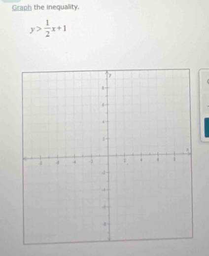 Graph the inequality.
y> 1/2 x+1