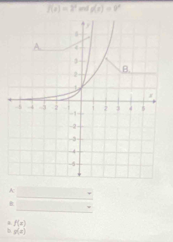 f(x)=2^x and g(x)=9^x
_
A:
_
B:
a. f(x)
b. g(x)