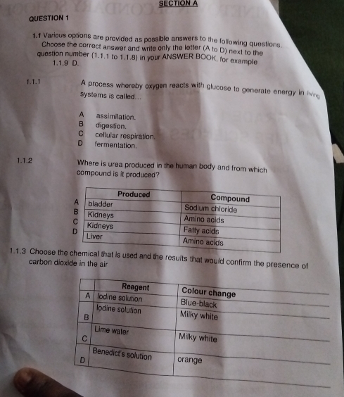 1.1 Various options are provided as possible answers to the following questions.
Choose the correct answer and write only the letter (A to D) next to the
question number (1.1.1 to 1.1.8) in your ANSWER BOOK, for example
1.1.9 D.
1.1.1 A process whereby oxygen reacts with glucose to generate energy in liin
systems is called...
A assimilation.
B digestion.
C cellular respiration.
D fermentation.
1.1.2 Where is urea produced in the human body and from which
compound is it produced?
1.1.3 Choose at is used and the results that would confirm the presence of
carbon dioxide in the air