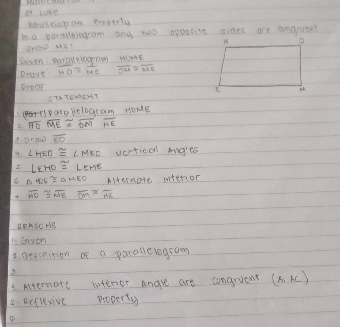 st Loke 
pacallelogram Property 
In a parallelogram any two opposite sides are congruent 
SHOW ME! 
Given: parallelogram HOME
Prove: overline HO≌ overline ME overline OM≌ overline ME
proof 
STATEMEHT 
()parallelogram HOME
2. overline HOoverline ME≌ overline OMoverline HE
8. Draw overline EO
4. ∠ HEO≌ ∠ MEO vcrtical Angles. 
5. LEHO≌ LEME
6. △ HOE≌ △ MEO Alternate interior 
. overline HO≌ overline MEoverline OM≌ overline HE
REASONS 
1. Griven 
2. Definition of a parallelogram 
3. 
4. Alternate interior Angle are congrvent (A)AC) 
5. Reflexive property 
6.