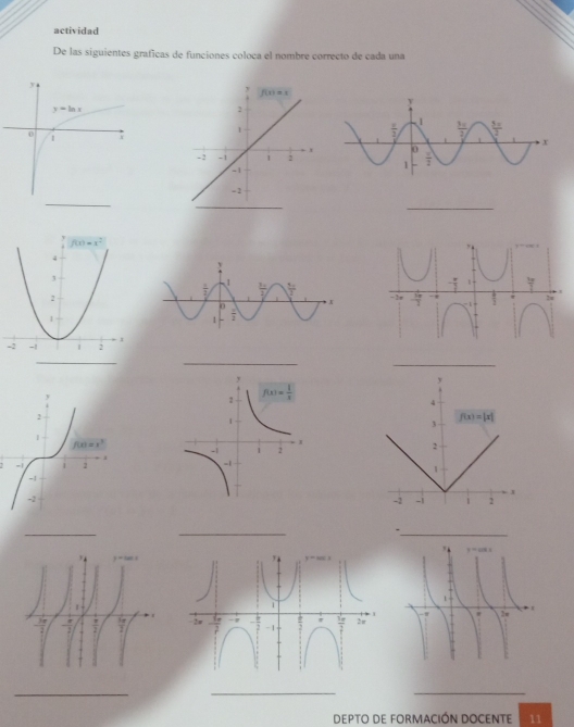 actividad
De las siguientes graficas de funciones coloca el nombre correcto de cada una
_
_
_
_
_
4
3
f(x)=|x|

2
1
1
-2 -i 1 2
_
_
_.
_
__
DepTo de formAcIÓN DOCENte 11
