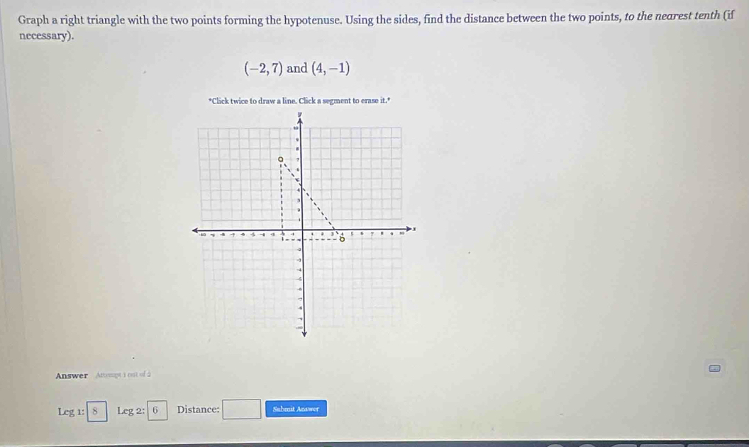 Graph a right triangle with the two points forming the hypotenuse. Using the sides, find the distance between the two points, to the neorest tenth (if 
necessary).
(-2,7) and (4,-1)
Answer Attompt ) est of à 
Leg 1: 8 Leg2:|6 Distance: Submit Answer