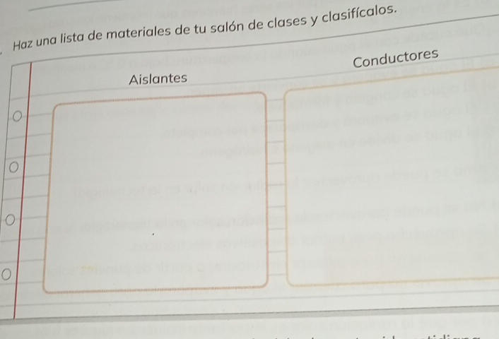 Haz una lista de materiales de tu salón de clases y clasifícalos. 
Conductores 
Aislantes