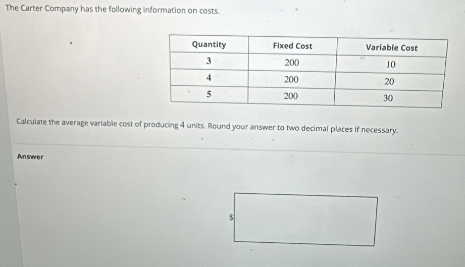 The Carter Company has the following information on costs. 
Calculate the average variable cost of producing 4 units. Round your answer to two decimal places if necessary, 
Answer
$