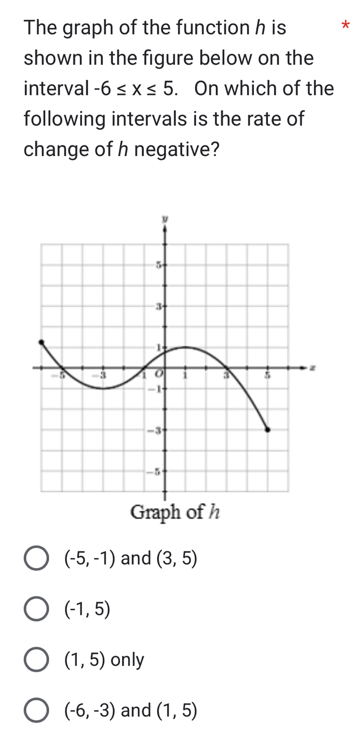 The graph of the function h is *
shown in the figure below on the
interval -6≤ x≤ 5. On which of the
following intervals is the rate of
change of h negative?
Grap
(-5,-1) and (3,5)
(-1,5)
(1,5) only
(-6,-3) and (1,5)