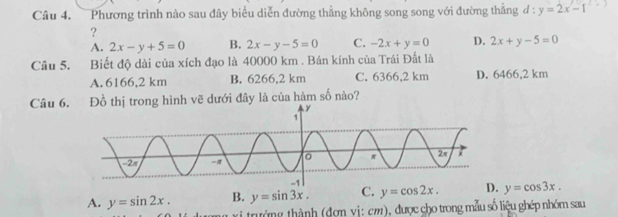 Phương trình nào sau đây biểu diễn đường thẳng không song song với đường thẳng d : y=2x-1
?
A. 2x-y+5=0 B. 2x-y-5=0 C. -2x+y=0 D. 2x+y-5=0
Câu 5. Biết độ dài của xích đạo là 40000 km. Bán kính của Trái Đất là
A. 6166,2 km B. 6266,2 km C. 6366,2 km D. 6466,2 km
Câu 6Đồ thị trong hình vẽ dưới đây là của hàm số nào?
A. y=sin 2x. B. y=sin 3x. C. y=cos 2x. y=cos 3x. 
x trưởng thành (đơn vị: cm), được cho trong mẫu số liệu ghép nhóm sau