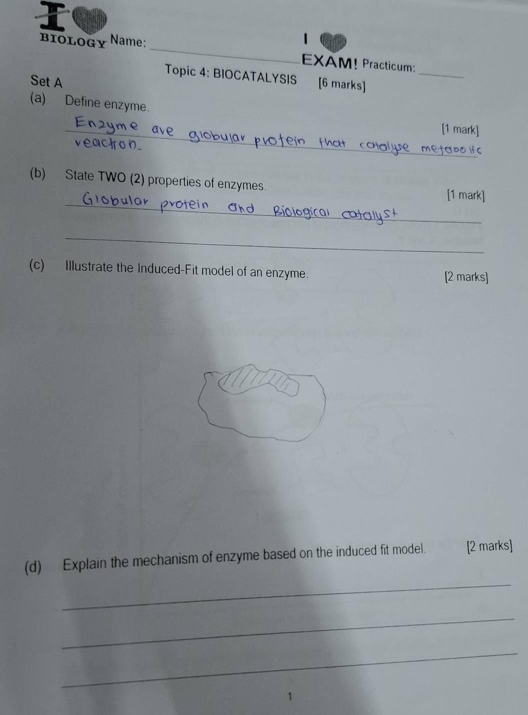 BIOLOGY Name: 
EXAM! Practicum: 
Topic 4: BIOCATALYSIS [6 marks] 
Set A 
_ 
(a) Define enzyme. 
_[1 mark] 
(b) State TWO (2) properties of enzymes. 
_ 
[1 mark] 
_ 
(c) Illustrate the Induced-Fit model of an enzyme. 
[2 marks] 
(d) Explain the mechanism of enzyme based on the induced fit model. [2 marks] 
_ 
_ 
_ 
1