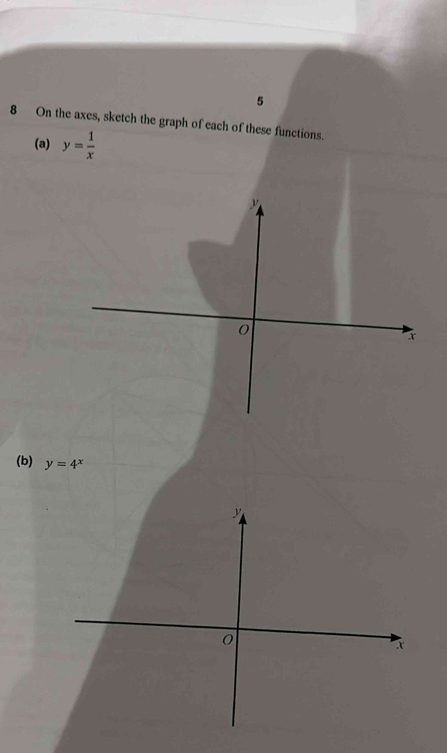 5
8 On the axes, sketch the graph of each of these functions.
(a) y= 1/x 
y
(b) y=4^x