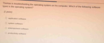 Thomas is troubleshooting the operating system on his computer. Which of the following software
types is the operating rystem?
(1 poer)
appication sofhears
system softwars
efersnment sofsare
prosfuctnty sefteans