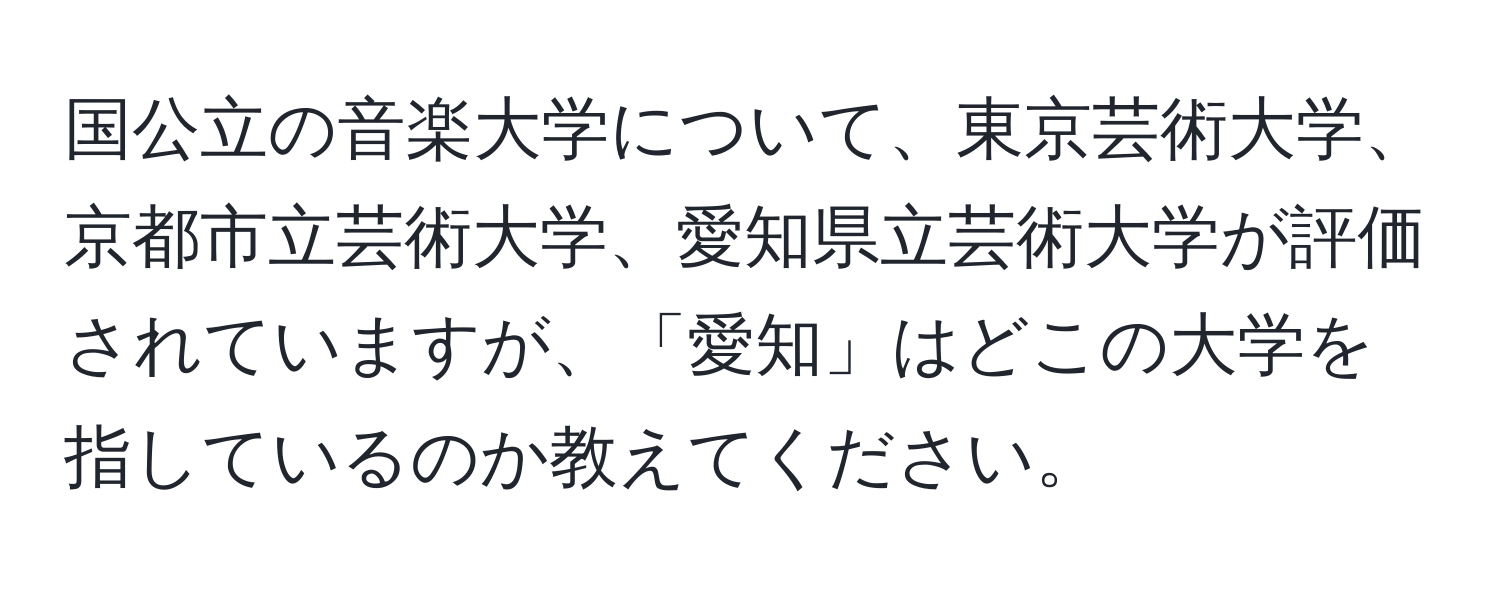 国公立の音楽大学について、東京芸術大学、京都市立芸術大学、愛知県立芸術大学が評価されていますが、「愛知」はどこの大学を指しているのか教えてください。