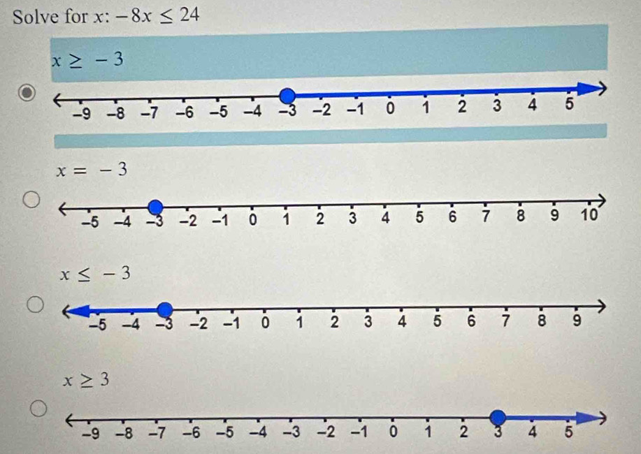 Solve for x: -8x≤ 24
x≥ -3
x=-3
x≥ 3