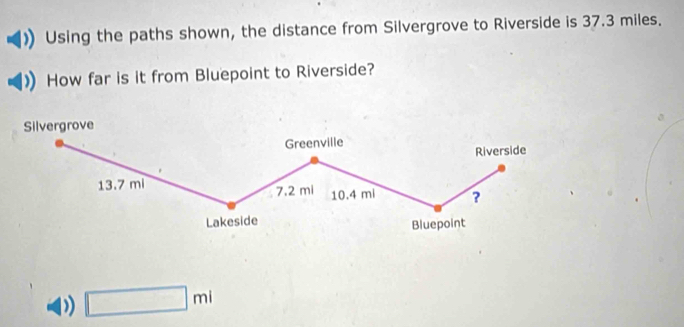 Using the paths shown, the distance from Silvergrove to Riverside is 37.3 miles.
How far is it from Bluepoint to Riverside?
D □ ml